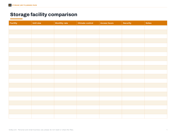 Preview of Printable Storage Facility Comparison Chart